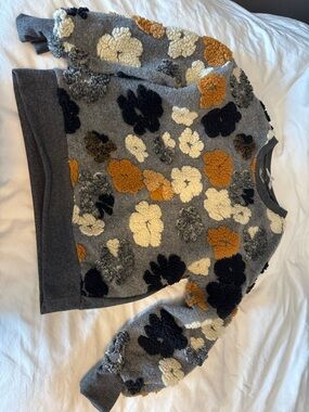 Gray Floral Textured Crewneck Sweater with Mustard and Cream Accents